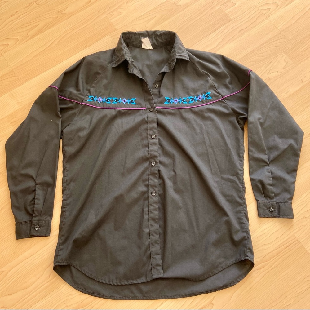 Vintage Western Button-Down Cotton Shirt Black with Purple and Blue Embroidery